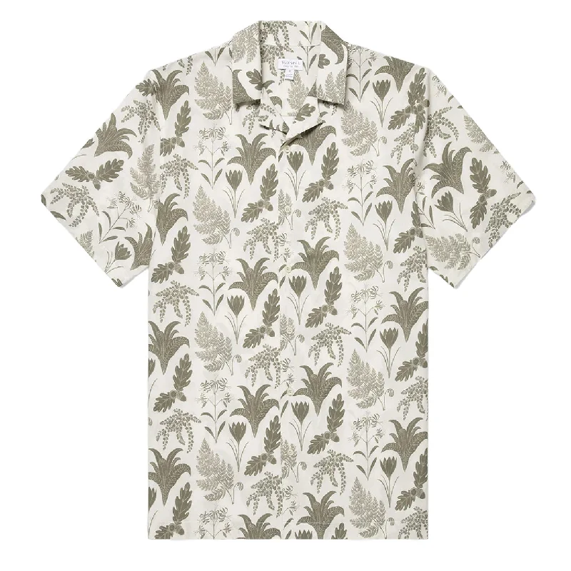 Sunspel Leaf Print Camp Collar Shirt Ecru