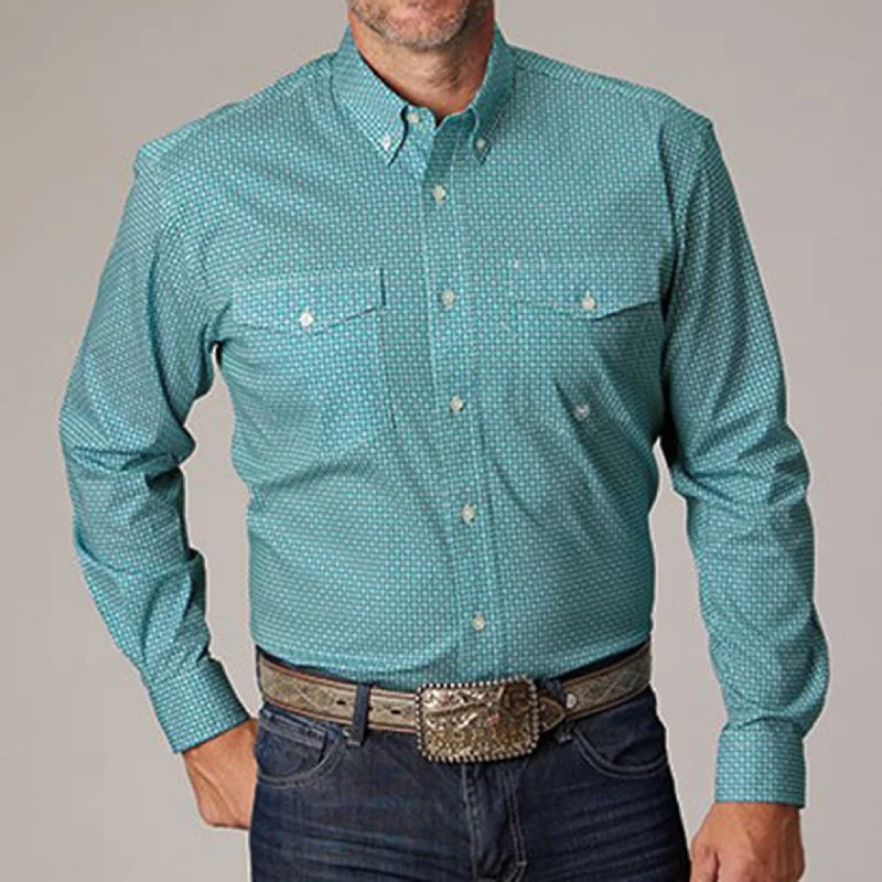 Roper Men's Teal Geo Print Long Sleeve