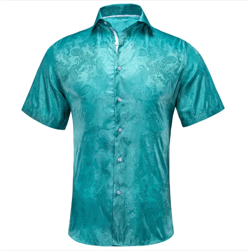 Teal Green Paisley Silk Men's Short Sleeve Shirt-CY-1461