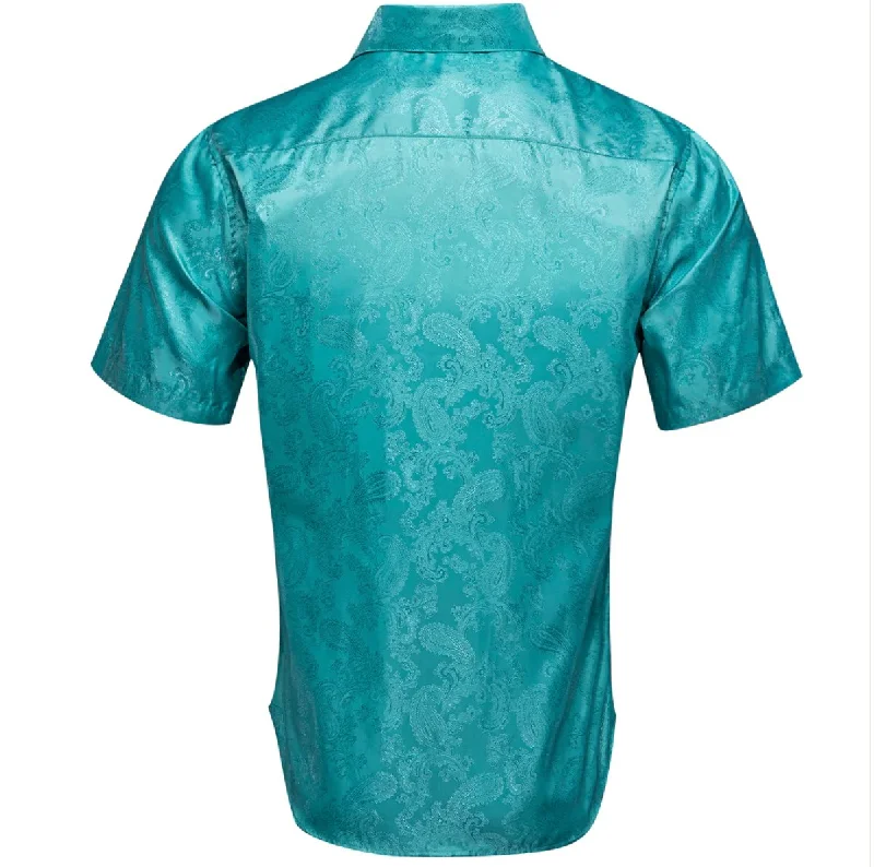 Teal Green Paisley Silk Men's Short Sleeve Shirt-CY-1461