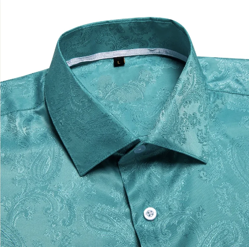 Teal Green Paisley Silk Men's Short Sleeve Shirt-CY-1461