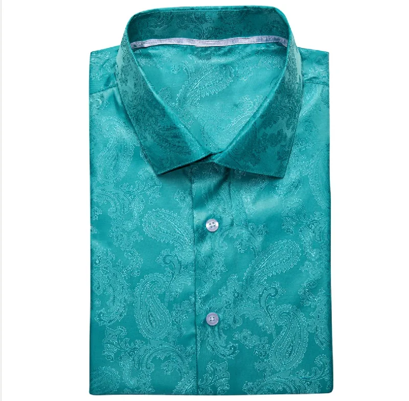 Teal Green Paisley Silk Men's Short Sleeve Shirt-CY-1461