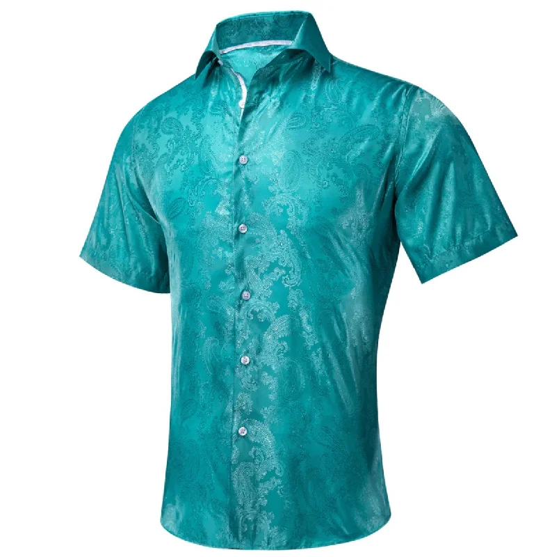 Teal Green Paisley Silk Men's Short Sleeve Shirt-CY-1461