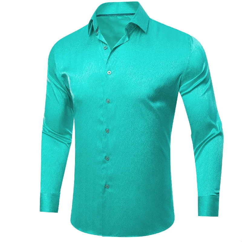 Turquoise Blue  Silk Men's Long Sleeve Shirt- CY-0670