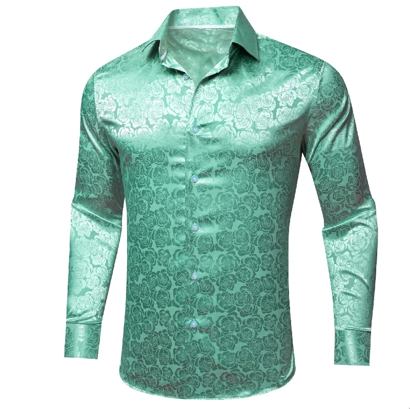 Turquoise Green Floral Silk Men's Shirt- CY-0674