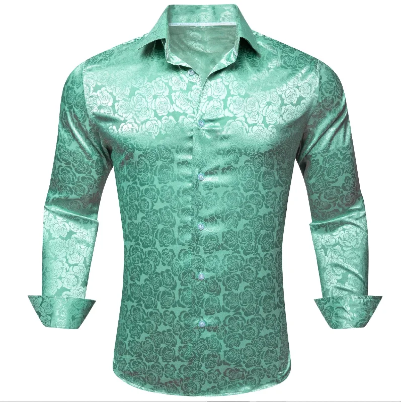 Turquoise Green Floral Silk Men's Shirt- CY-0674