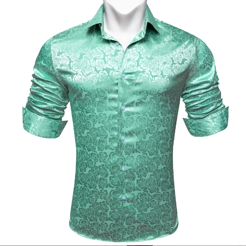 Turquoise Green Floral Silk Men's Shirt- CY-0674