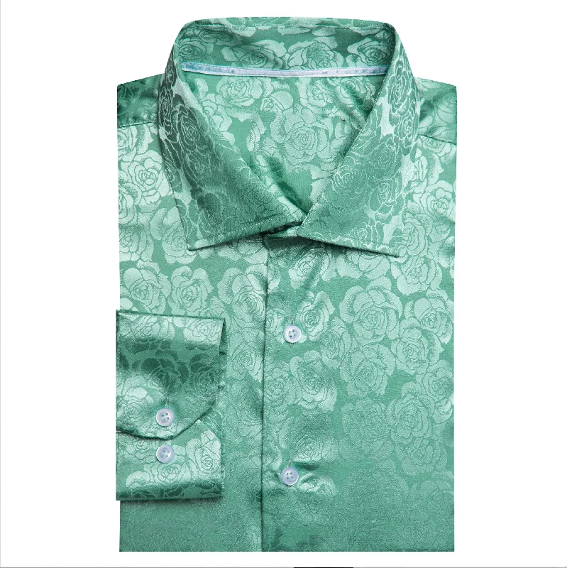 Turquoise Green Floral Silk Men's Shirt- CY-0674