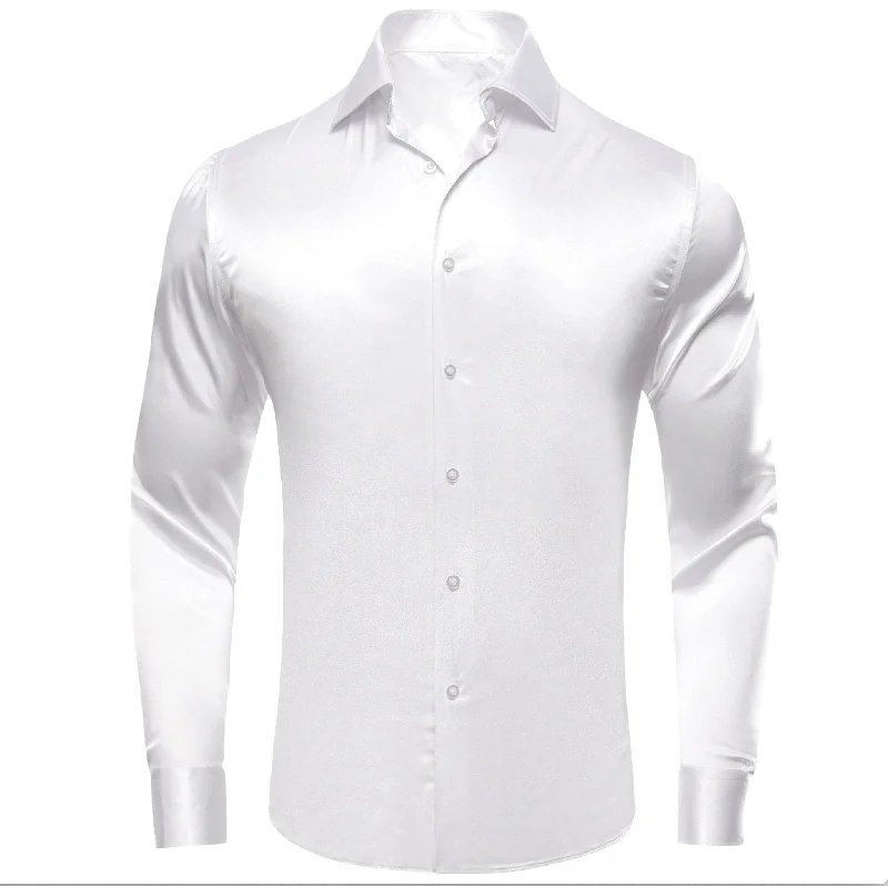 White Solid Satin Men's Long Sleeve Dress Shirt- CY-1642