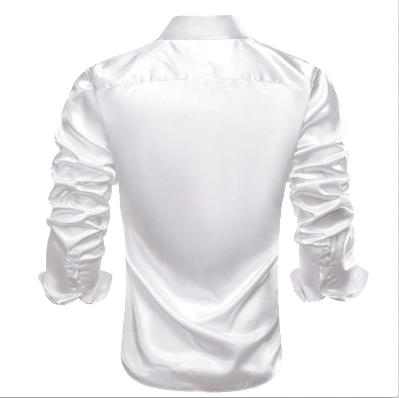 White Solid Satin Men's Long Sleeve Dress Shirt- CY-1642