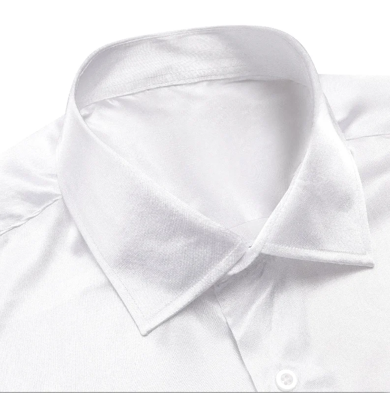 White Solid Satin Men's Long Sleeve Dress Shirt- CY-1642