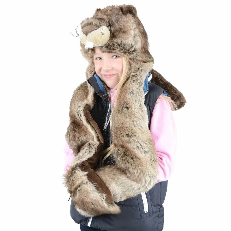 Childrens Deluxe Beaver Hat With Attached Scarf & Mittens