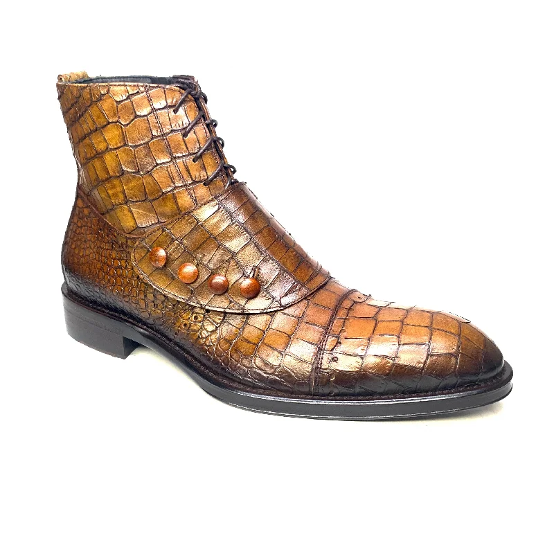 Jo Ghost Embossed Alligator Cognac Button Strap Ankle Boots