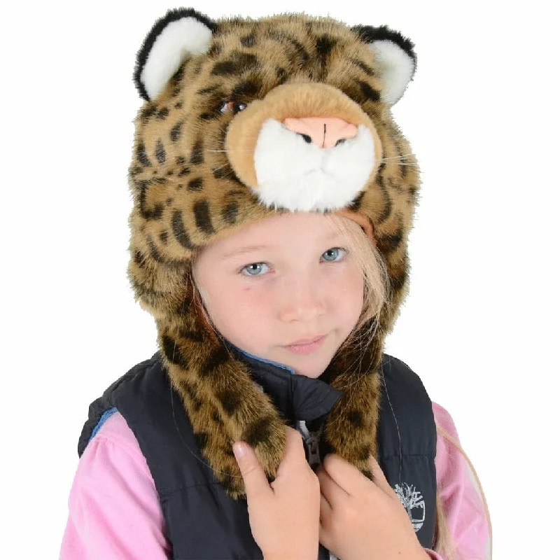 Kids Deluxe Faux Fur Brown Leopard Hat With Ear Flaps