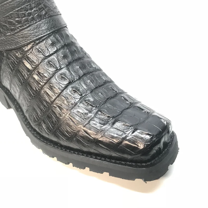 Los Altos Black Harness Crocodile Biker Boots