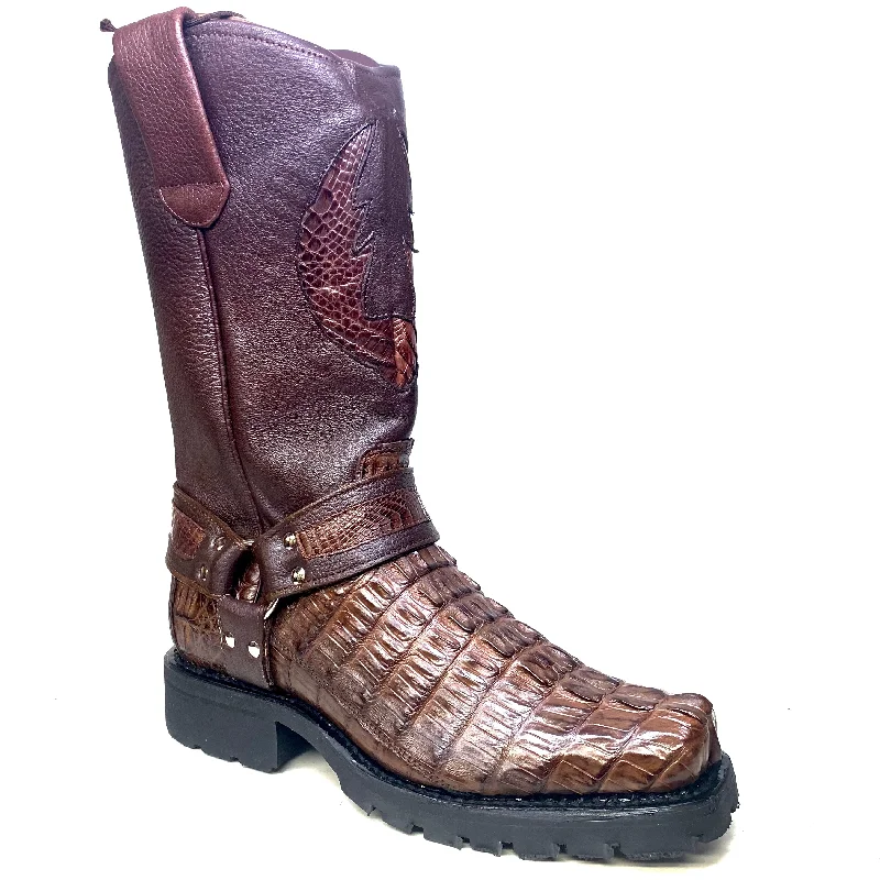 Los Altos Brown Harness Crocodile Biker Boots