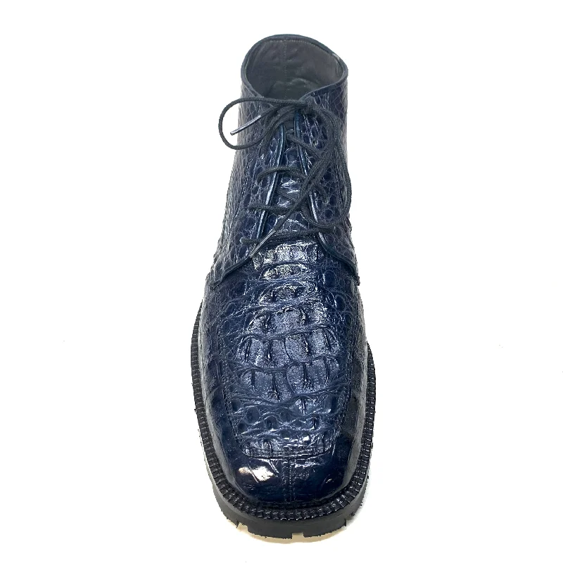 Los Altos Navy Hornback All-Over Crocodile Lace Up Ankle Boots