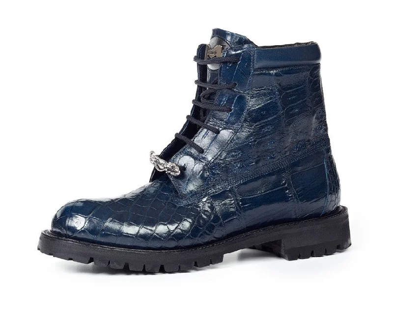 Mauri - 4637 Baby Croc + Ostrich Leg Wonder Blue Combat Boots