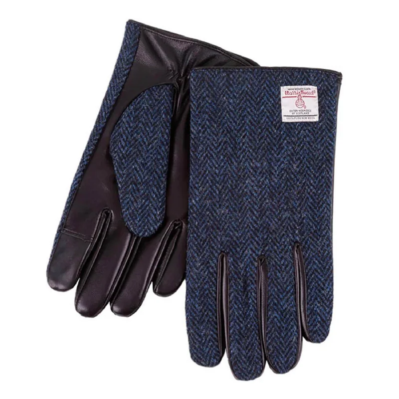 Mens Totes Harris Tweed Real Leather Gloves Navy Black