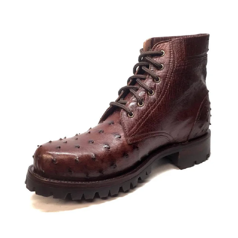 Safari Chocolate Ostrich Quill Combat Ankle Boots