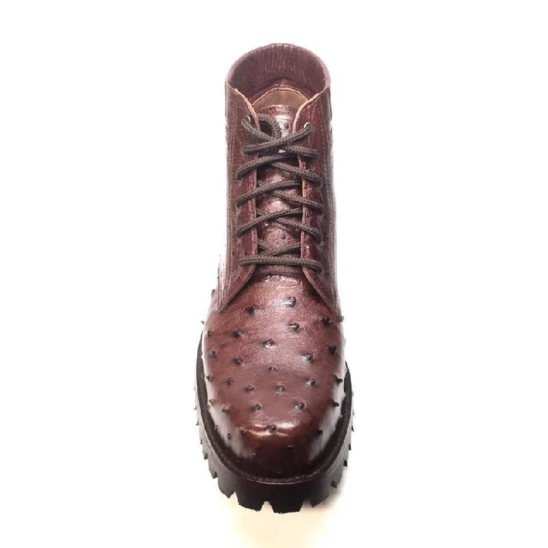 Safari Chocolate Ostrich Quill Combat Ankle Boots