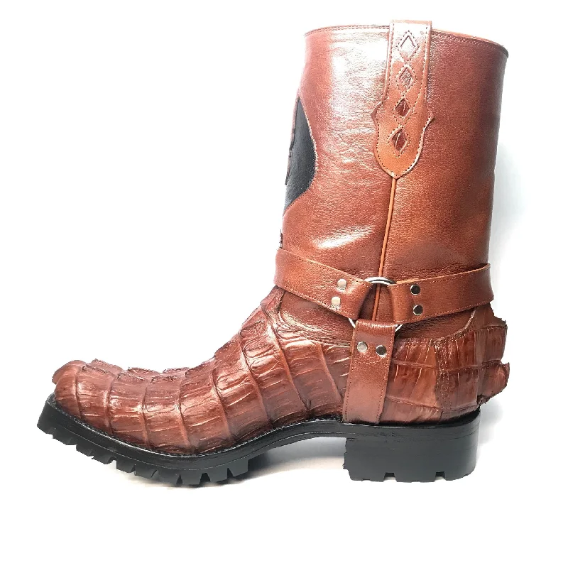 Safari Cognac Harness Crocodile Biker Boots