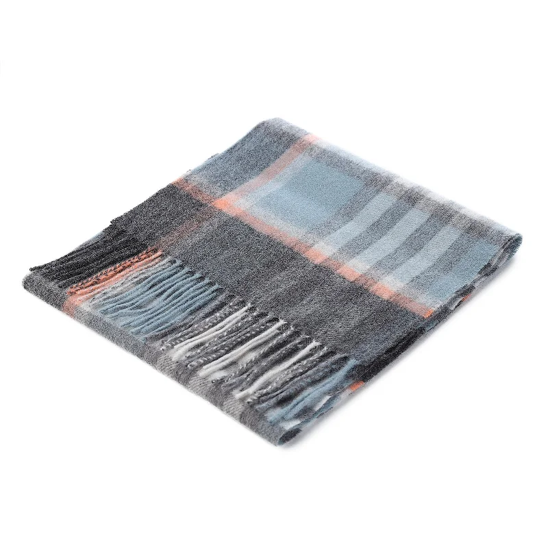 Edinburgh 100% Lambswool Scarf  Chequer Orange Grey L Blue (24534)