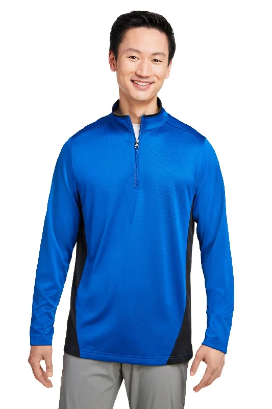 Harriton Mens Flash Performance Moisture Wicking Colorblock 1/4 Zip Sweatshirt - True Royal Blue/Black