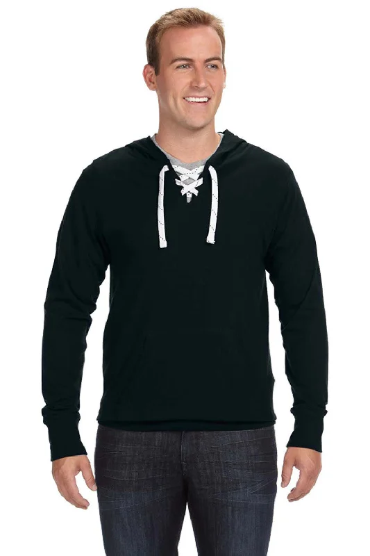 J America Mens Sport Lace Jersey Hooded Sweatshirt Hoodie - Black