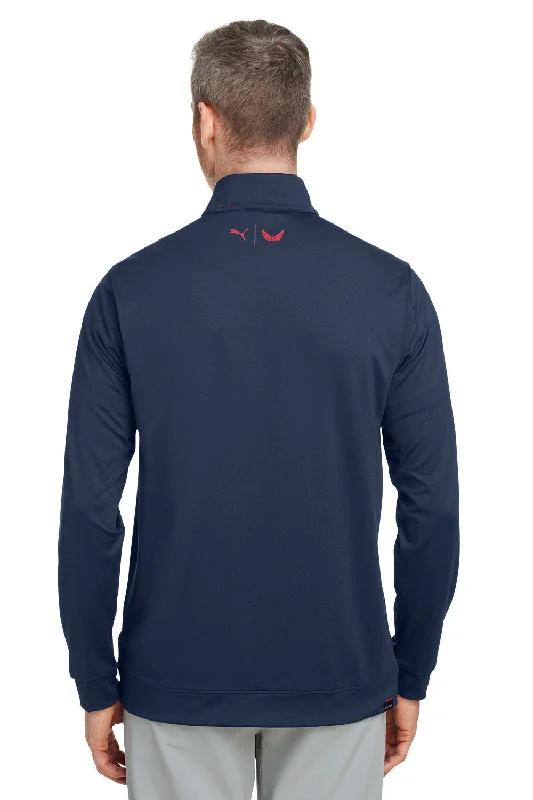 Puma Mens Volition Moisture Wicking Camo 1/4 Zip Sweatshirt - Navy Blue/Ski Patrol Red