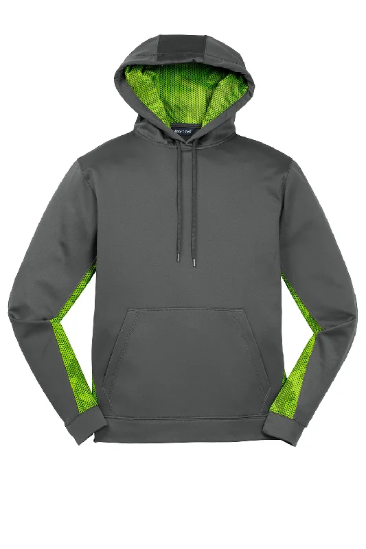 Sport-Tek Mens Sport-Wick CamoHex Moisture Wicking Fleece Hooded Sweatshirt Hoodie - Dark Smoke Grey/Lime Shock Green