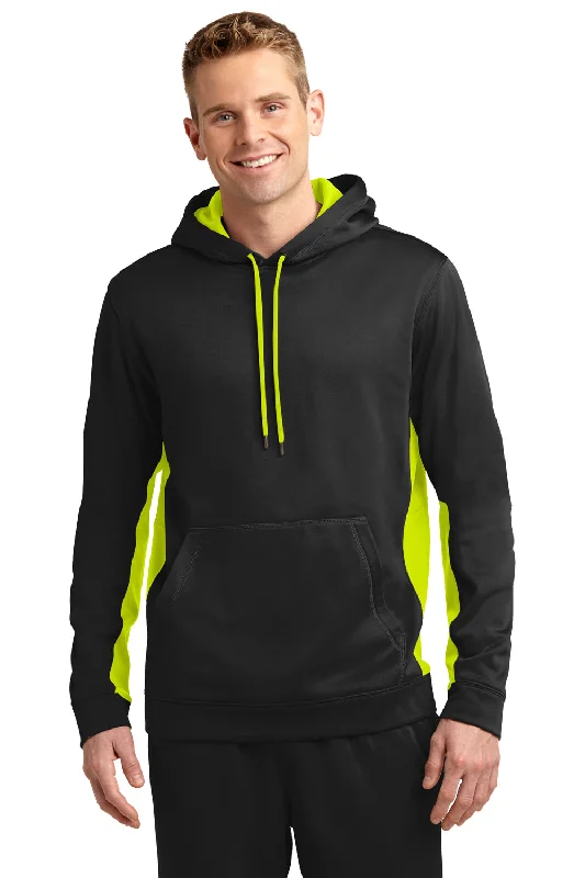 Sport-Tek Mens Sport-Wick Moisture Wicking Fleece Hooded Sweatshirt Hoodie - Black/Safety Yellow - Closeout