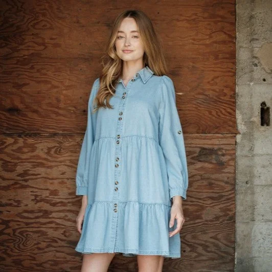 Button Down Tier Denim Dress (Blue)