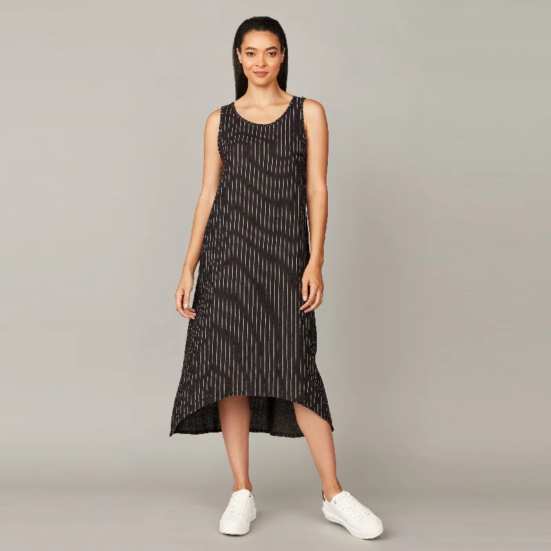 Long Linen Pinstriped Sheath Dress (Black + White)