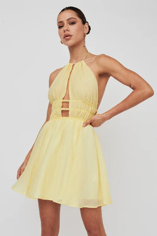 Cyndi Open Back Halterneck Mini Dress Lemon