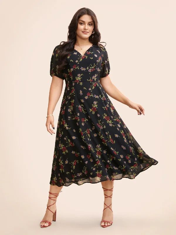 Floral Notched Chiffon Mesh Midi Dress