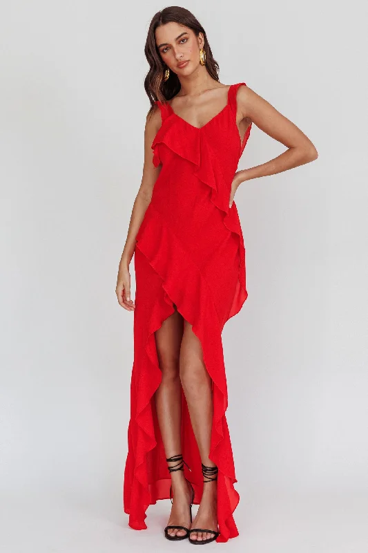 Johannson Ruffle Trim Maxi Dress Red