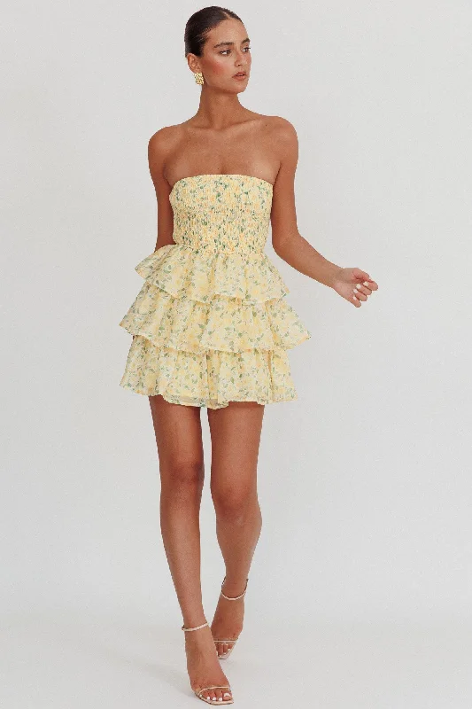 Like Angels Shirred Bodice Ruffle Mini Dress Yellow