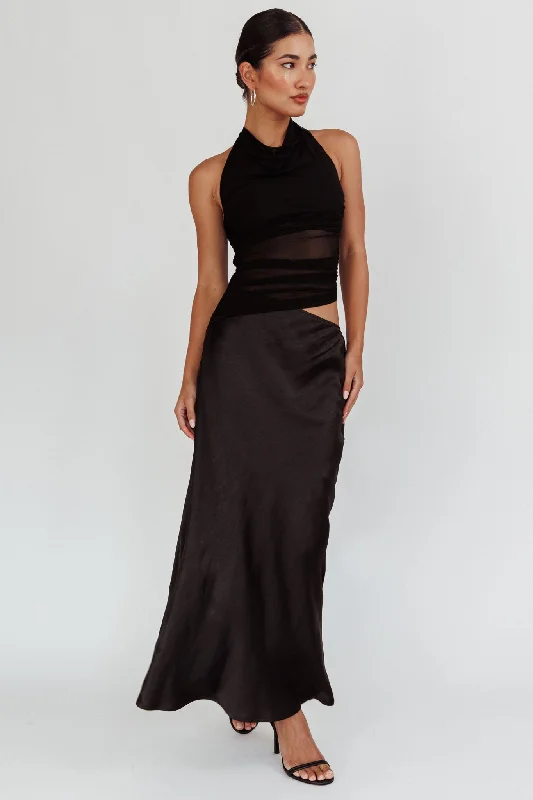 Lorely Ruched Bodice Halterneck Maxi Dress Black