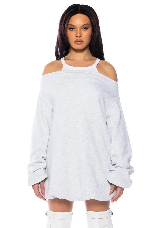 RELAXED CUTIE FRENCH TERRY OFF THE SHOULDER MINI DRESS