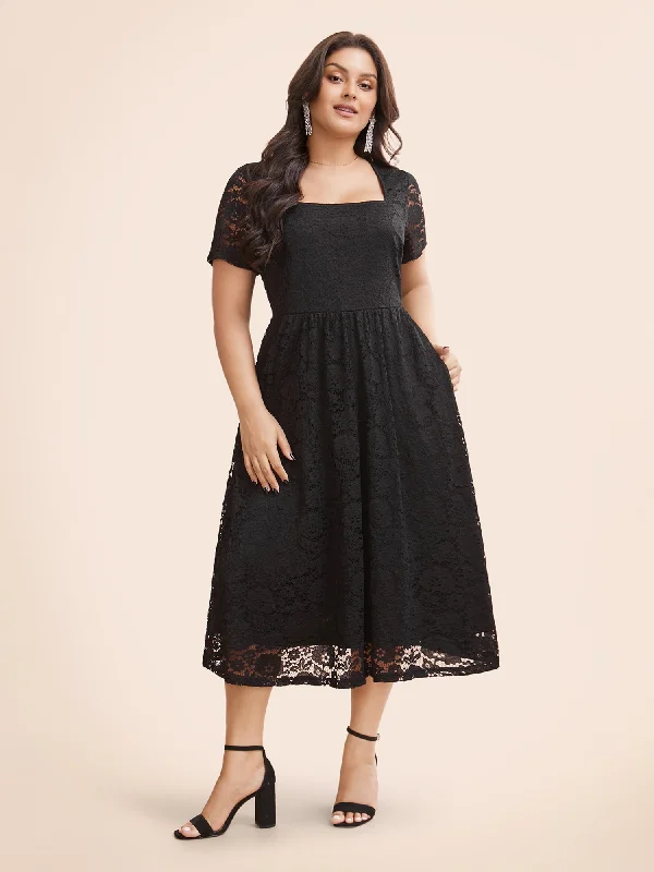 Square Neck Lace Mesh Midi Dress