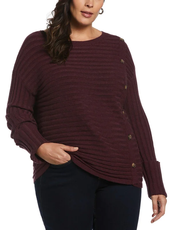 Plus Womens Button Crewneck Pullover Sweater