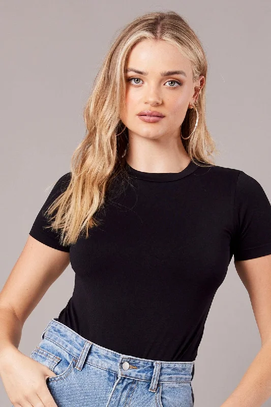 Black Bodysuit Short Sleeve Crew Neck Seamless