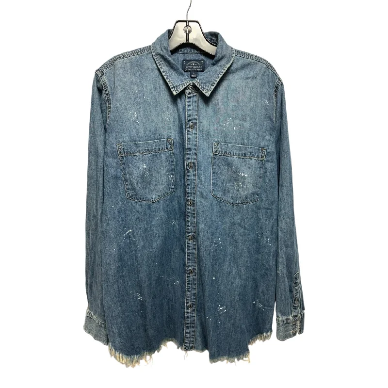 Distressed Top Long Sleeve By Lucky Brand In Blue Denim, Size: L