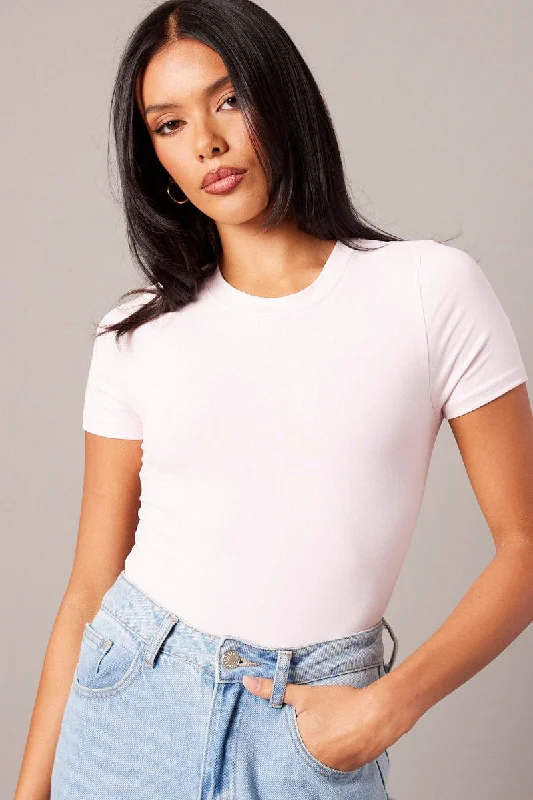 Pink Bodysuit Short Sleeve Crew Neck Supersoft