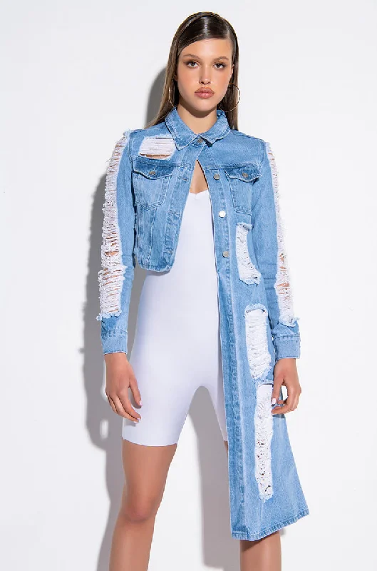 HI LO DISTRESSED DENIM JACKET